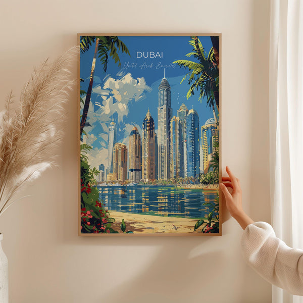 Dubai Travel Poster, Travel Print of Dubai, Dubai Marina Art lovers Gift, UAE Wall Art Gift