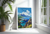 a painting of a tropical scene is displayed in a window sill