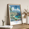 a picture of a tropical island in a wooden frame