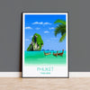 a poster of a tropical island with two boats