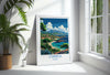 a picture of a tropical island in a frame on a window sill