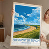 Freshwater Beach Travel Print, Travel Poster of Freshwater Beach, Wales, Pembrokeshire Art Gift, Wales Art Lovers Gift, Wall Art Print