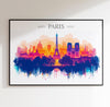 Paris Skyline Travel Poster Wall Art Landscape, Travel Print of Paris, Paris Art Lovers Gift,France Art Gift